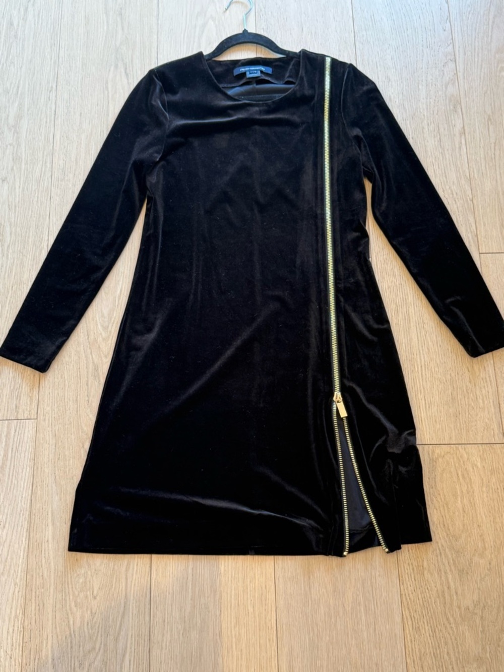 French Connection Black Velvet Mini Dress Gold Zip Slit US 10 🖤 Night Out Luxe - Picture 4 of 5